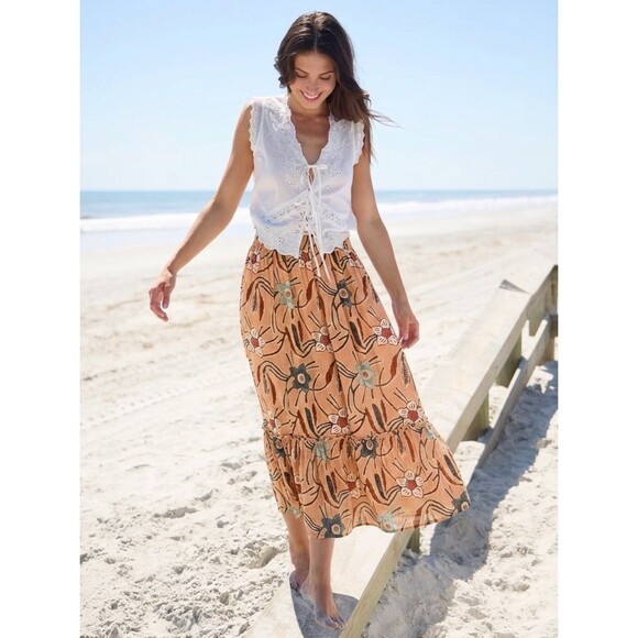 Christian Siriano Dresses & Skirts - Christian Siriano New York Midi Tiered Smocked Skirt Size XS Boho Festival Tan